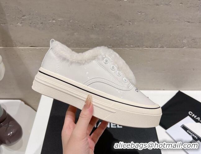 Popular Style Chanel Wool and Patent Leather Platform Sneakers White 025111