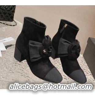 Durable Chanel Suede Ankle Boots 6cm with Camellia Bloom Charm Black 026106