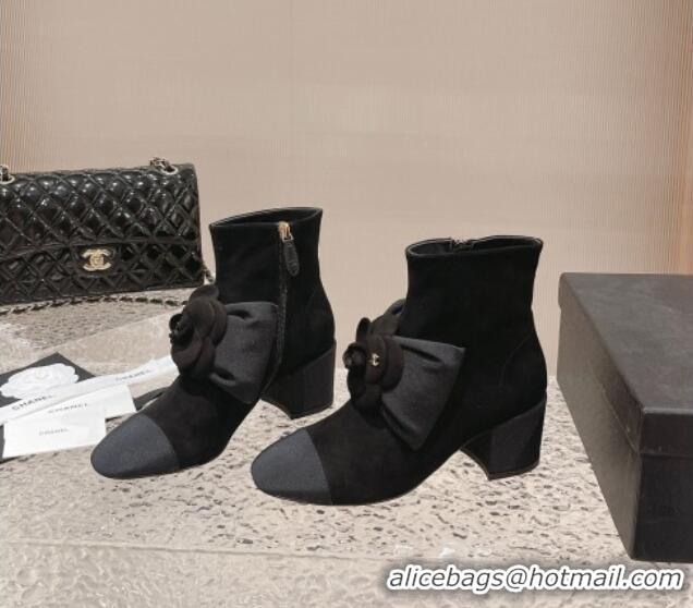 Durable Chanel Suede Ankle Boots 6cm with Camellia Bloom Charm Black 026106