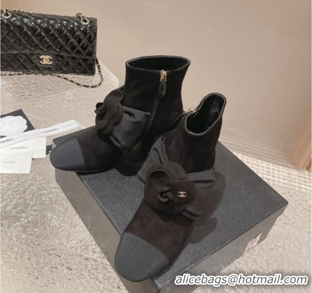 Durable Chanel Suede Ankle Boots 6cm with Camellia Bloom Charm Black 026106