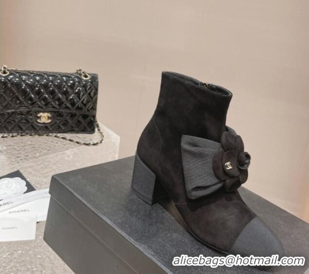 Durable Chanel Suede Ankle Boots 6cm with Camellia Bloom Charm Black 026106