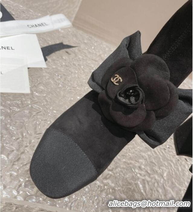 Durable Chanel Suede Ankle Boots 6cm with Camellia Bloom Charm Black 026106