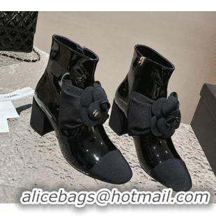 Luxurious Chanel Patent Calfskin Ankle Boots 6cm with Camellia Bloom Charm Black 026107