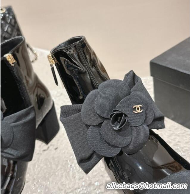 Luxurious Chanel Patent Calfskin Ankle Boots 6cm with Camellia Bloom Charm Black 026107