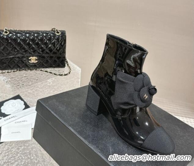 Luxurious Chanel Patent Calfskin Ankle Boots 6cm with Camellia Bloom Charm Black 026107