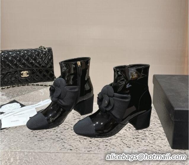 Luxurious Chanel Patent Calfskin Ankle Boots 6cm with Camellia Bloom Charm Black 026107