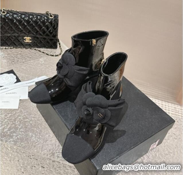 Luxurious Chanel Patent Calfskin Ankle Boots 6cm with Camellia Bloom Charm Black 026107