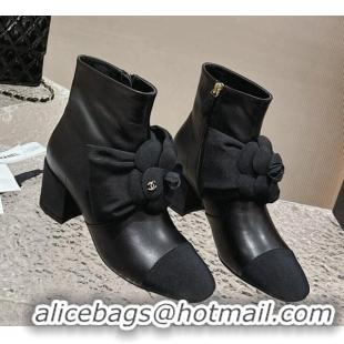 Best Price Chanel Calfskin Leather Ankle Boots 6cm with Camellia Bloom Charm Black 026108