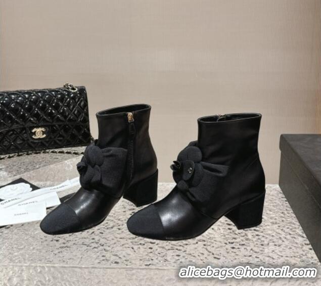 Best Price Chanel Calfskin Leather Ankle Boots 6cm with Camellia Bloom Charm Black 026108