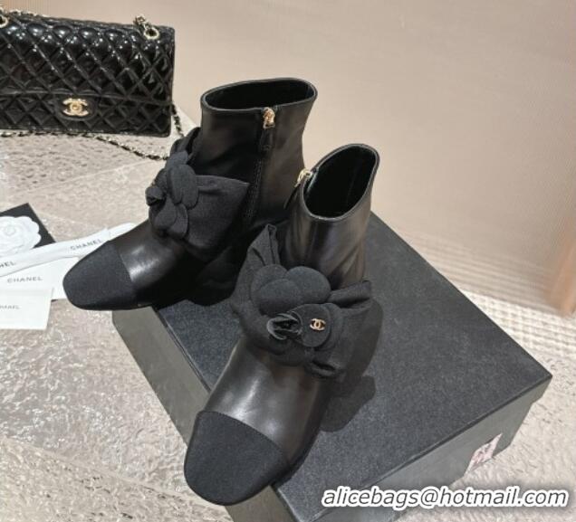 Best Price Chanel Calfskin Leather Ankle Boots 6cm with Camellia Bloom Charm Black 026108