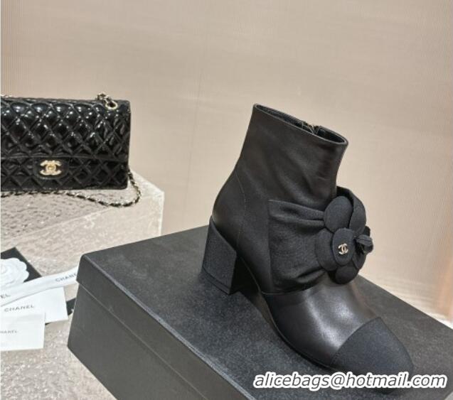 Best Price Chanel Calfskin Leather Ankle Boots 6cm with Camellia Bloom Charm Black 026108