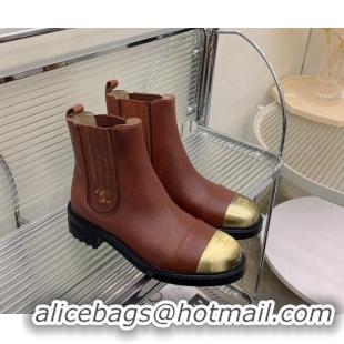 Big Discount Chanel Calfskin & Metal-Tone Ankle Boots Brown 103002