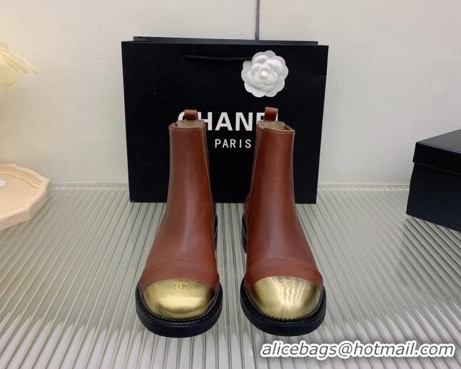 Big Discount Chanel Calfskin & Metal-Tone Ankle Boots Brown 103002