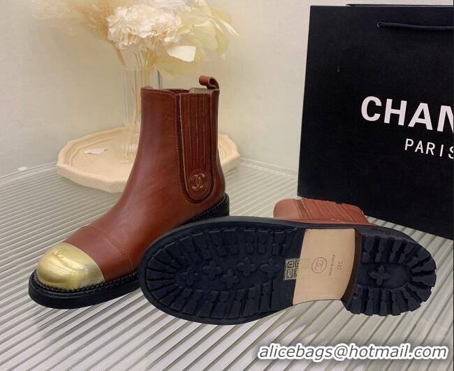 Big Discount Chanel Calfskin & Metal-Tone Ankle Boots Brown 103002