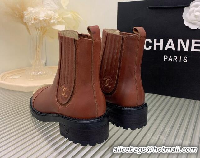 Big Discount Chanel Calfskin & Metal-Tone Ankle Boots Brown 103002