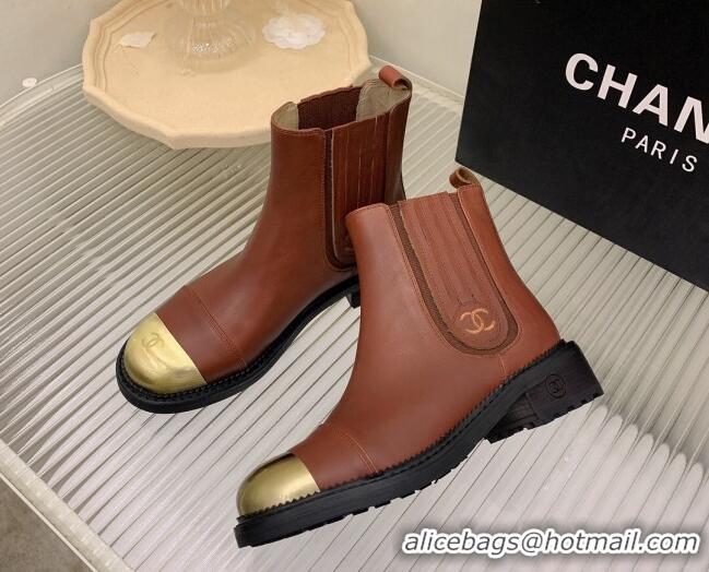 Big Discount Chanel Calfskin & Metal-Tone Ankle Boots Brown 103002