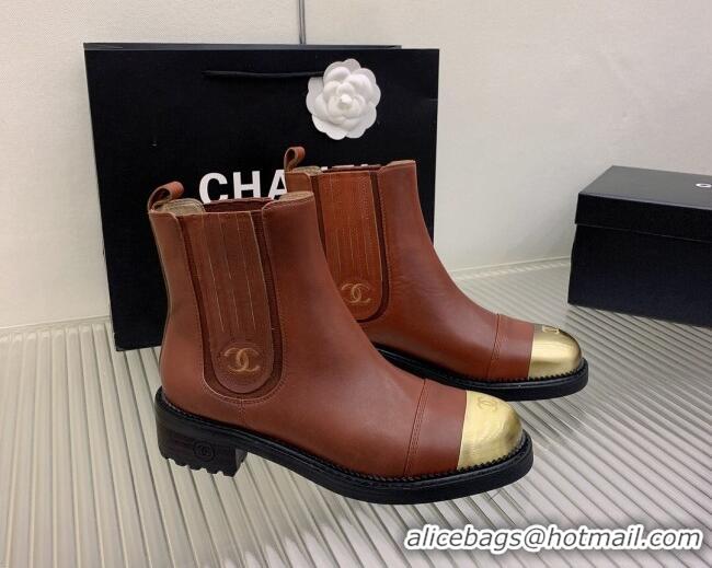 Big Discount Chanel Calfskin & Metal-Tone Ankle Boots Brown 103002