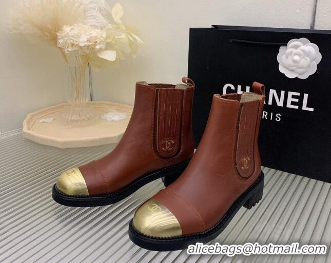 Big Discount Chanel Calfskin & Metal-Tone Ankle Boots Brown 103002