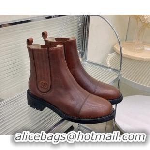 Low Price Chanel Shiny Calfskin Ankle Boots Brown 103003