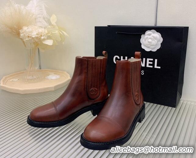 Low Price Chanel Shiny Calfskin Ankle Boots Brown 103003