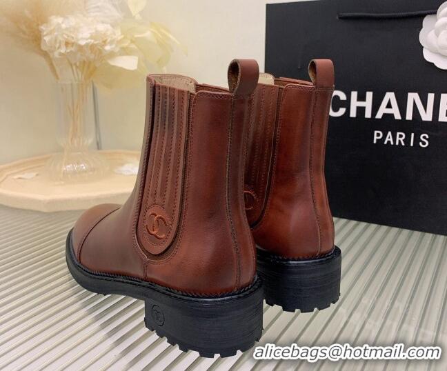 Low Price Chanel Shiny Calfskin Ankle Boots Brown 103003