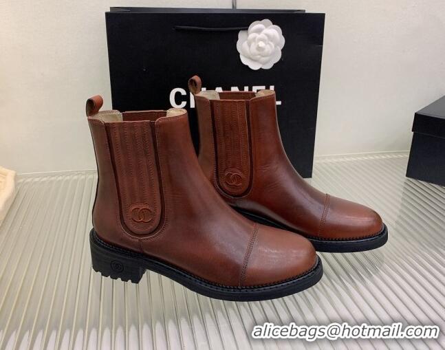 Low Price Chanel Shiny Calfskin Ankle Boots Brown 103003