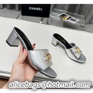 Newest Chanel Calfskin Slide Sandals with Framed CC Silver 103005