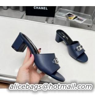 Lower Price Chanel Calfskin Slide Sandals with Framed CC Dark Blue 103008