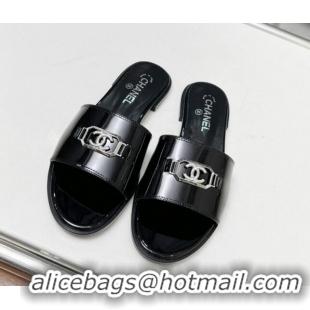 Purchase Chanel Glazed Leather Slide Sandals with Framed CC 103003 Black 