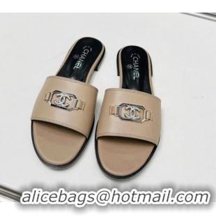 Perfect Chanel Calfskin Leather Slide Sandals with Framed CC 103003 Beige