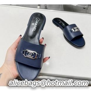 Good Quality Chanel Calfskin Leather Slide Sandals with Framed CC 103003 Dark Blue