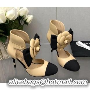 Classic Practical Chanel Lambskin Pumps with Camellia Bloom Beige 103013