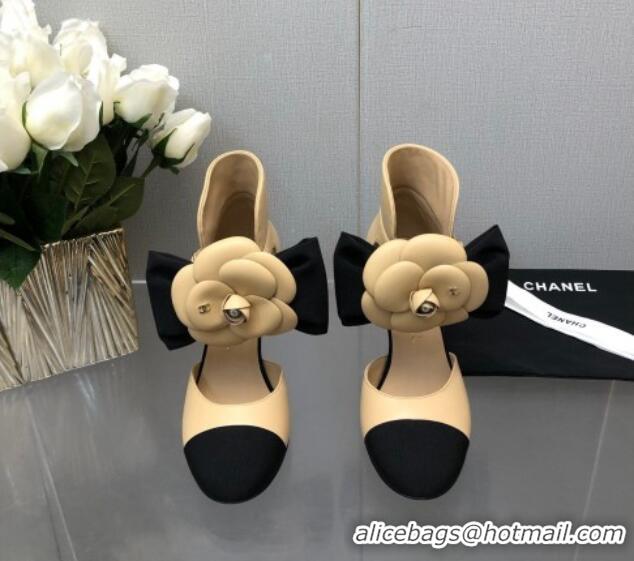 Classic Practical Chanel Lambskin Pumps with Camellia Bloom Beige 103013