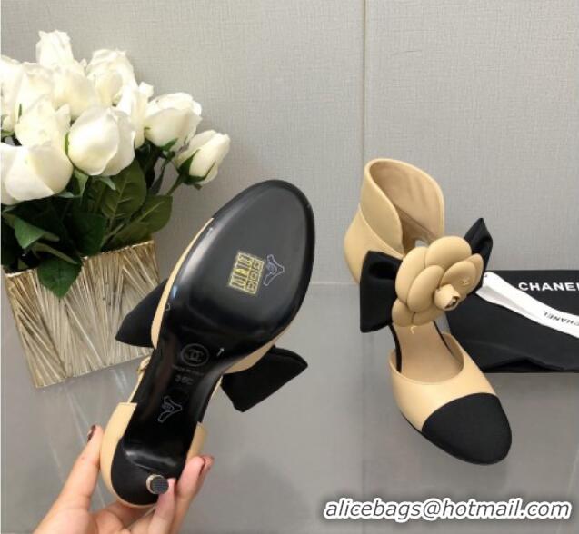 Classic Practical Chanel Lambskin Pumps with Camellia Bloom Beige 103013