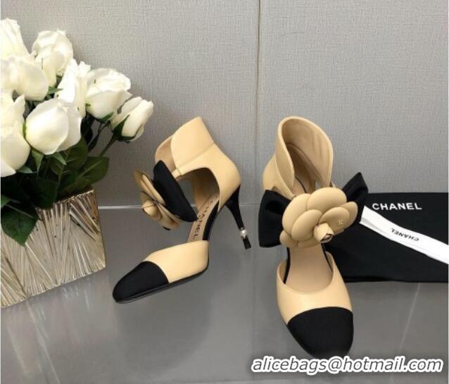 Classic Practical Chanel Lambskin Pumps with Camellia Bloom Beige 103013