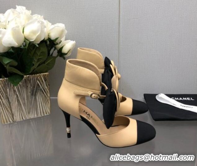 Classic Practical Chanel Lambskin Pumps with Camellia Bloom Beige 103013