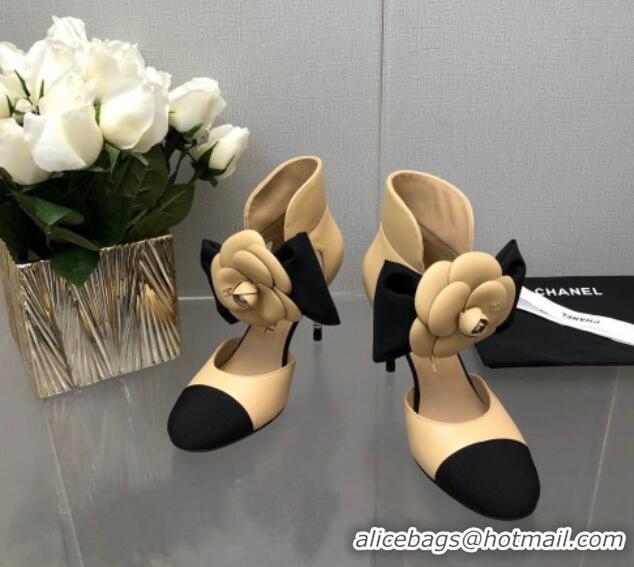 Classic Practical Chanel Lambskin Pumps with Camellia Bloom Beige 103013