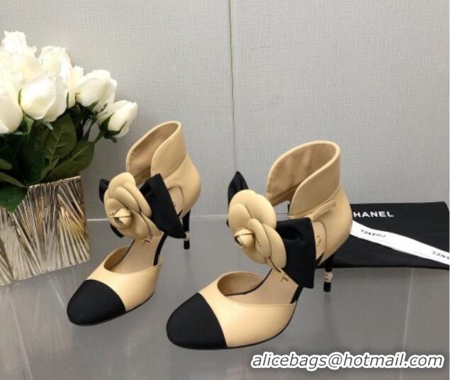 Classic Practical Chanel Lambskin Pumps with Camellia Bloom Beige 103013