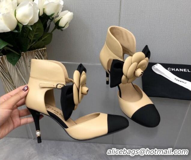 Classic Practical Chanel Lambskin Pumps with Camellia Bloom Beige 103013