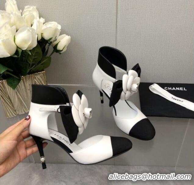 Super Quality Chanel Lambskin Pumps with Camellia Bloom White 103015