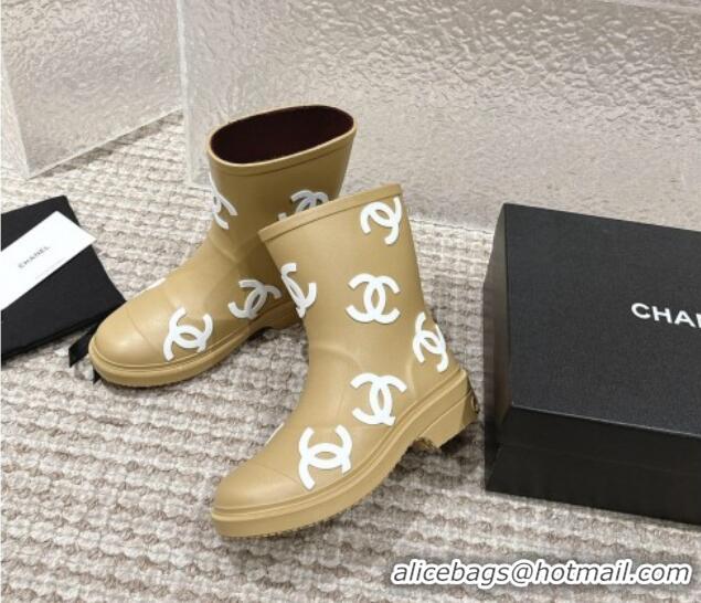 New Design Chanel Rubber Ankle Boots with CC Allover Beige 103018