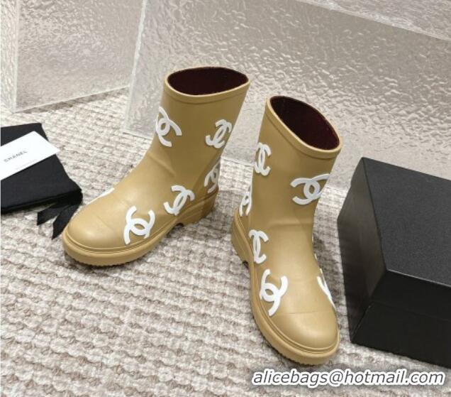 New Design Chanel Rubber Ankle Boots with CC Allover Beige 103018