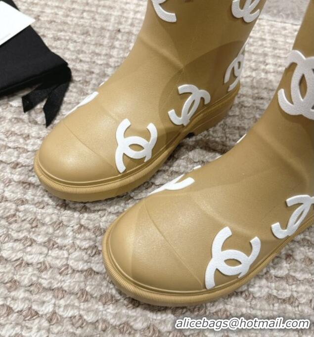 New Design Chanel Rubber Ankle Boots with CC Allover Beige 103018