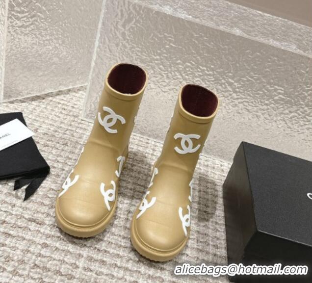 New Design Chanel Rubber Ankle Boots with CC Allover Beige 103018