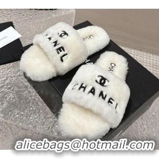 Best Grade Chanel Wool Flat Slide Sandals White 103020