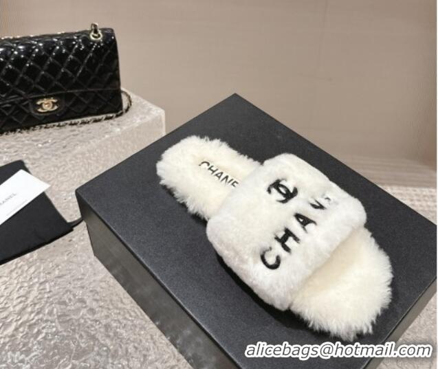 Best Grade Chanel Wool Flat Slide Sandals White 103020