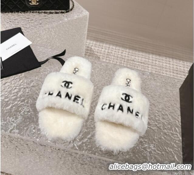 Best Grade Chanel Wool Flat Slide Sandals White 103020