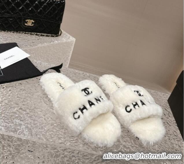 Best Grade Chanel Wool Flat Slide Sandals White 103020