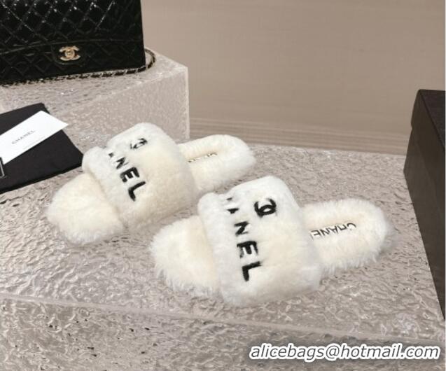 Best Grade Chanel Wool Flat Slide Sandals White 103020