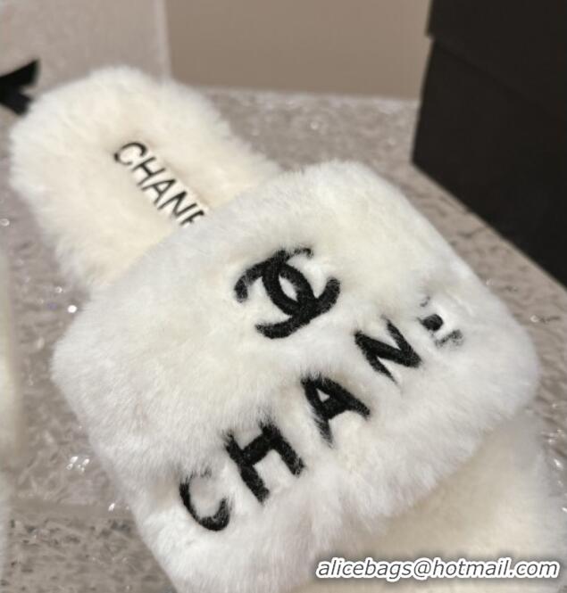 Best Grade Chanel Wool Flat Slide Sandals White 103020